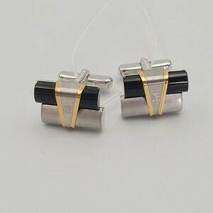 Pierre Balmain Cufflinks German Silver Black Onyx Bar Gold Tone Logo Vintage